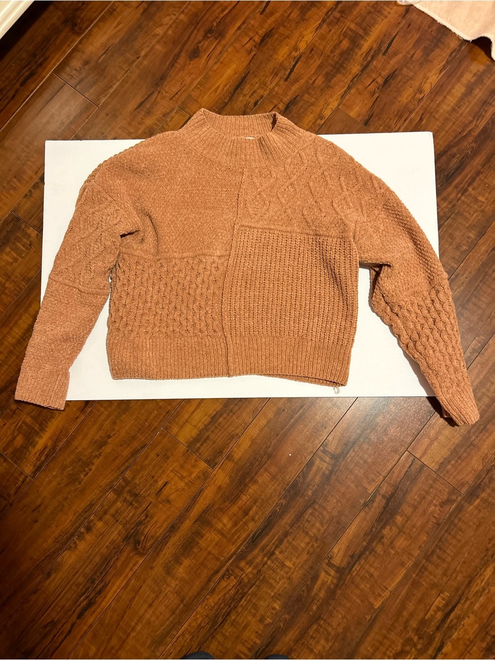 Pink Rose Patchwork Cable Crewneck Sweater in Rust